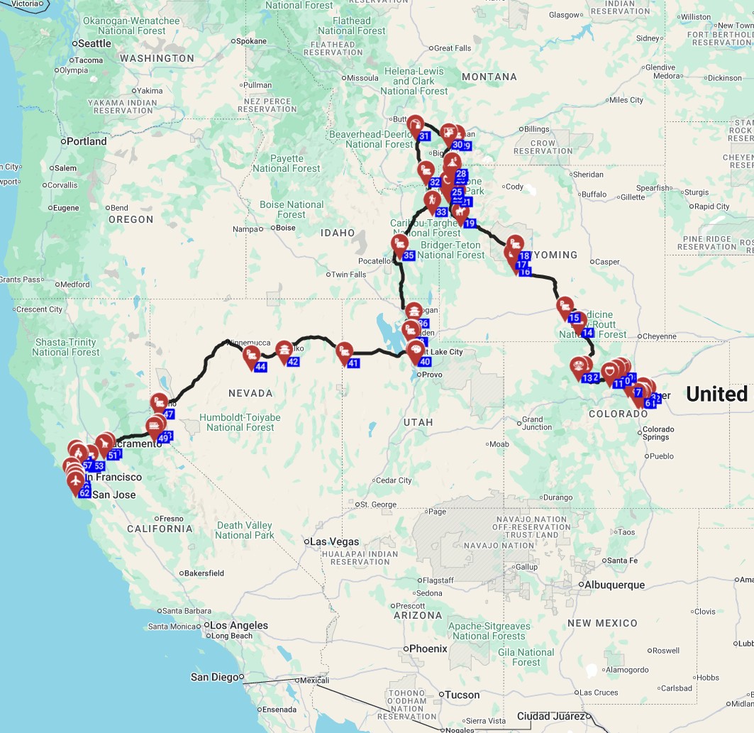 Suggested route USA  for camper  trip planner Denver to San Francisco